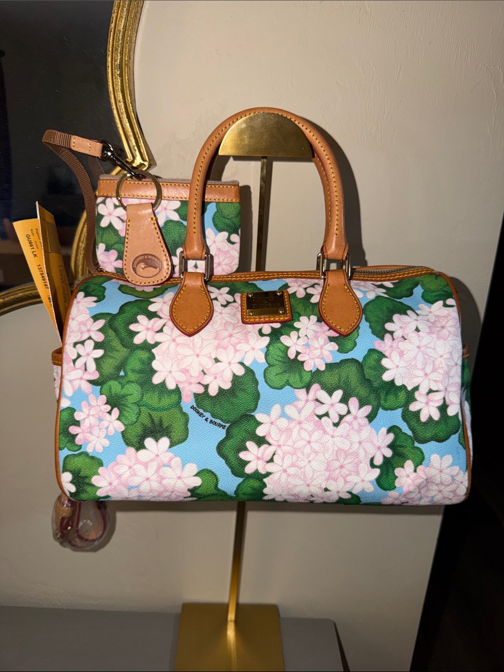 Dooney & Bourke Blue Floral Satchel with Tan Leather Handles